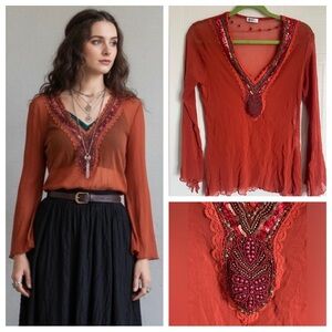 Chagall Rust Beaded Mesh Top Bell Sleeve Blouse Fairy Whimsigoth Y2K Sheer